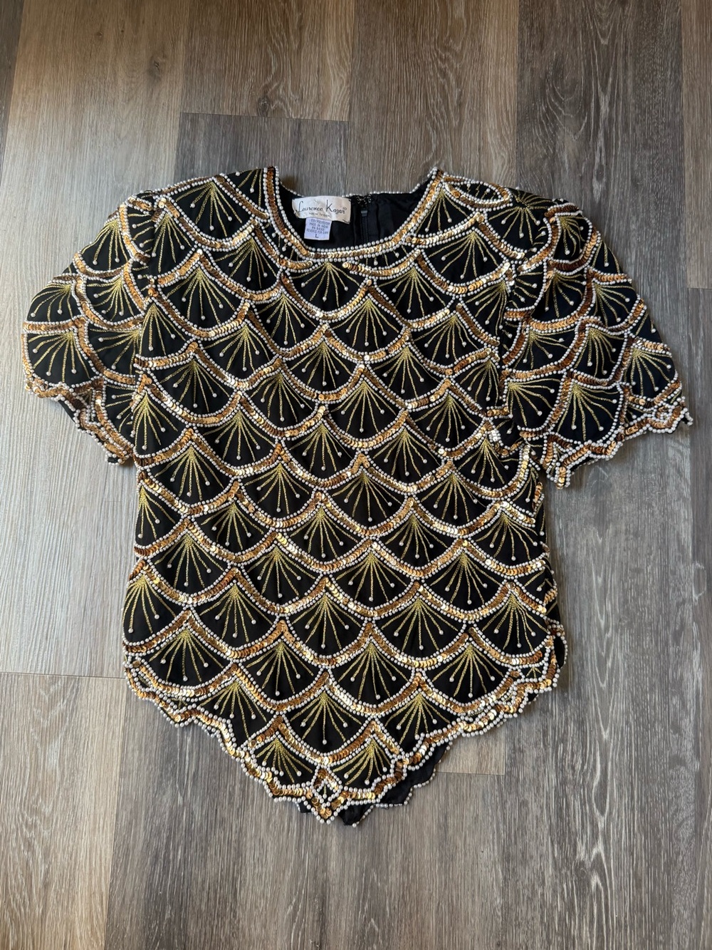 Vintage Laurence Kazar Black and Gold Beaded Art Deco Top